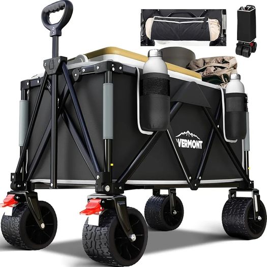 150kg Festival Camping Trolley on Wheels  Black Heavy Duty Folding Wagon Cart with All Terrain Wheels, Brake, Portable for Outdoor, Beach, Garden & Shopping