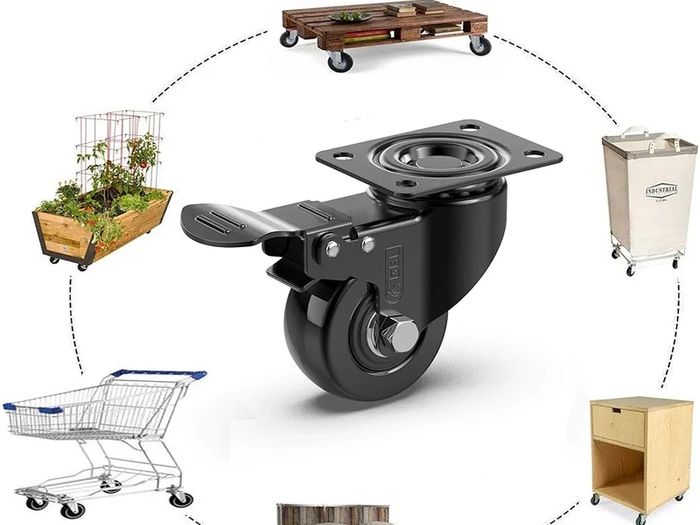 Heavy Duty Castor Wheels with 4 Brakes + Screws - 50mm - 200 kg Load - Set of 4 - No Floor Marks Silent Caster for Moving Furniture - Rubbered Swivel Trolley Wheels - Black Castors