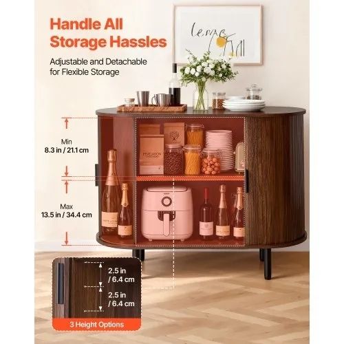 Coffee Bar Cabinet, Mid Century Fluted Coffee Bar Table, Buffet Stand Cabinet with 2 Sliding Doors, Sideboard Buffet Station for Living Room, Entryway, Kitchen, 100 x 40 x 75 cm, Walnut