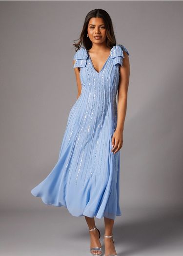 Petite Bow Shoulder Embellished Midi Dress