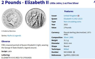 1 oz 999 silver 2 pounds Little John from "Myths and legends" series