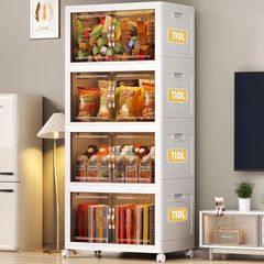 Storage Boxes with a lid, 4 Piece Large Collapsible Wardrobe, Stackable Storage Boxes with wheels Plastic Collapsible Organiser Kitchen Foldable Plastic Box (4 /110L)