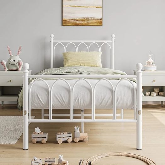 Single Metal Bed Frame 90 x x190 cm with Headboard and Footboard Heavy Duty Foundation,Metal Slat Support, White