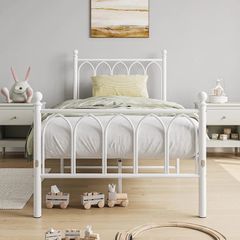 Single Metal Bed Frame 90 x x190 cm with Headboard and Footboard Heavy Duty Foundation,Metal Slat Support, White