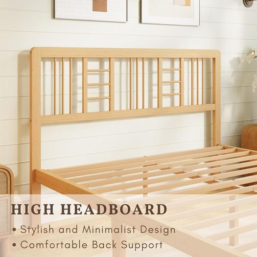 Wooden Double Bed Frame with Headboard - Bamboo Wood Bed Frames with Metal Slats Support and Underbed Storage, Easy to Install, Noise Free, Sturdy, 30.5 cm High