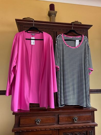 NEW  FURTHER REDUCED from SAMOON a pink casual cardigan with side slits and a matching black and white top with pink trim . Length of both items is 33 inches