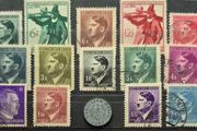 German third reich stamps and coin, 1 pfennig.