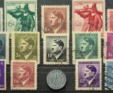 German third reich stamps and coin, 1 pfennig.