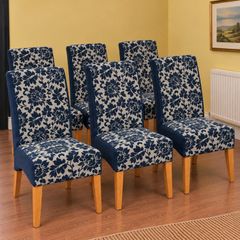 Set of 6 Upholstered Dining Chairs-Navy Blue Floral Design
