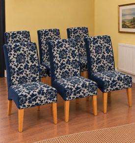Set of 6 Upholstered Dining Chairs-Navy Blue Floral Design