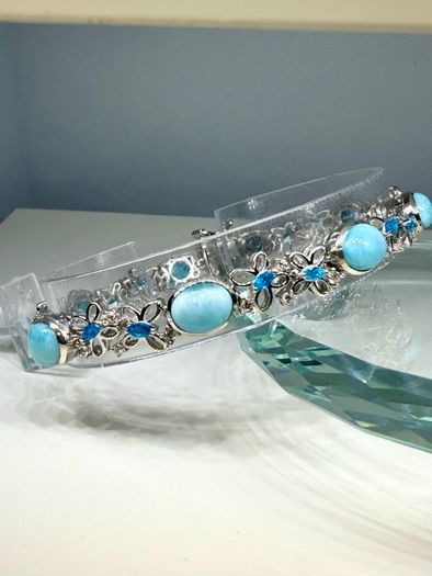 Silver bracelet Larimar & Neon Apatite Cluster Bracelet