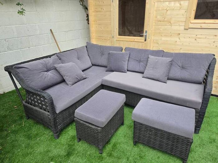 Rattan garden corner sofa with rattan gas firepit table