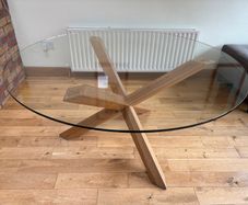 Round Glass top Dining Table w/Wooden Tri-X Frame