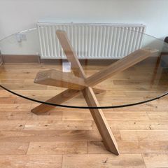Round Glass top Dining Table w/Wooden Tri-X Frame