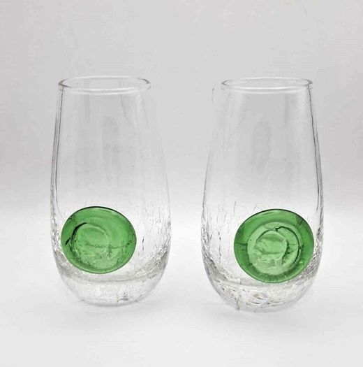 Clear Crackle Shot Glass with Applied Green Glass Medallion