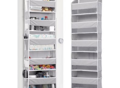 1-Pack Over Door Organizer with 5 Large Pockets 10 Mesh Side Pockets, 44 lbs Weight Capacity Hanging Storage Organizer with Clear Window for Bedroom Nursery, Kids Toys, Shoes, Diapers, Grey