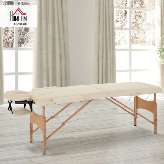 Portable Massage Bed, Foldable Spa Beauty Massage Table with 2 Sections, Carry Bag and Wooden Frame, Cream White