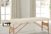 Portable Massage Bed, Foldable Spa Beauty Massage Table with 2 Sections, Carry Bag and Wooden Frame, Cream White