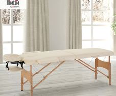 Portable Massage Bed, Foldable Spa Beauty Massage Table with 2 Sections, Carry Bag and Wooden Frame, Cream White