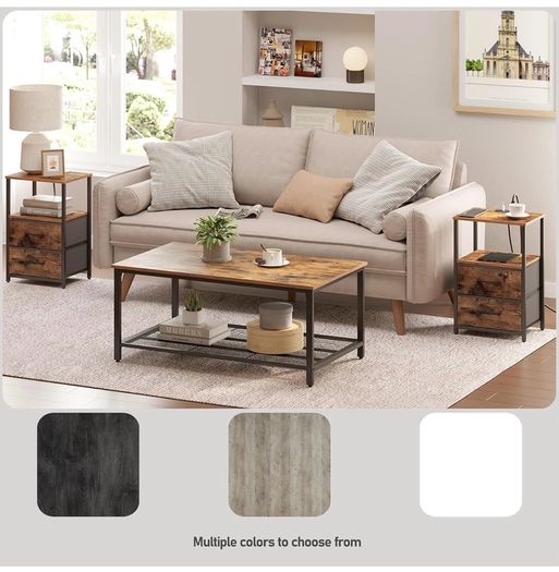 Bedside Table with Charging Station, Side Table with 2 USB Ports and Outlets, Nightstand with Cloth Drawer