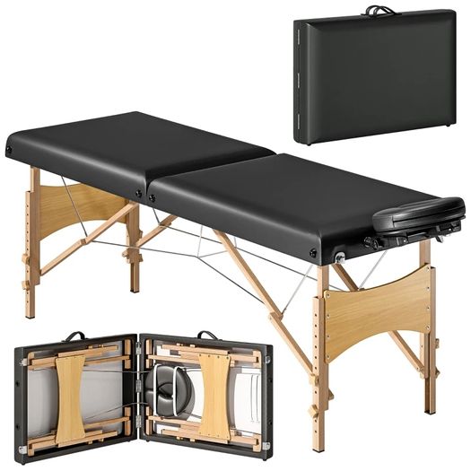 Height-Adjustable Massage Table, Wooden Frame, Folding Massage Bed, Foam Padding, Black