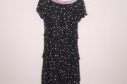 Jacques Vert Black Dusty Pink Polka Dots Tiered Layered Chiffon Flutter Sleeve Midi Dress 14UK/42EU