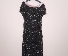 Jacques Vert Black Dusty Pink Polka Dots Tiered Layered Chiffon Flutter Sleeve Midi Dress 14UK/42EU