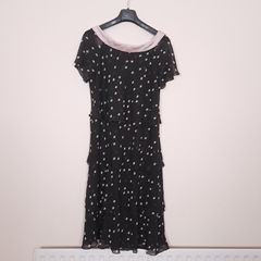 Jacques Vert Black Dusty Pink Polka Dots Tiered Layered Chiffon Flutter Sleeve Midi Dress 14UK/42EU