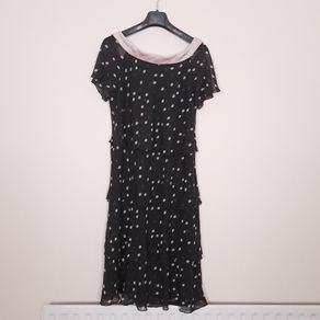 Jacques Vert Black Dusty Pink Polka Dots Tiered Layered Chiffon Flutter Sleeve Midi Dress 14UK/42EU