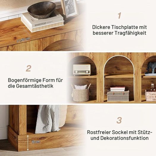 Natural Wood Console Table with Storage 160cm Long Arched Entrance Table | 3 Tier Wooden