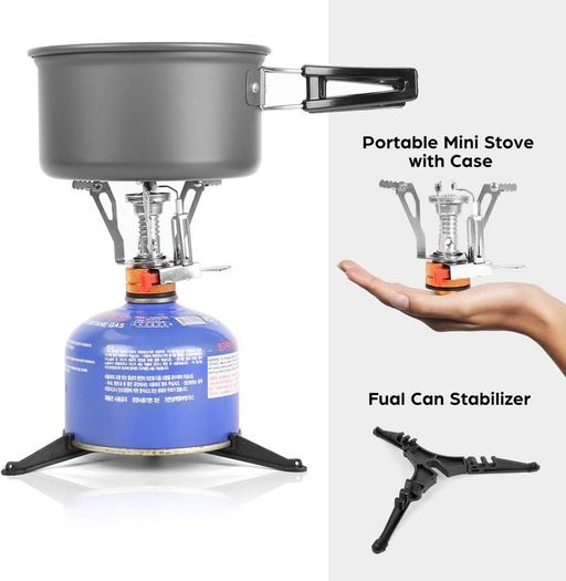 Camping Stove with Fuel Can Stabilizer, Portable Windproof Camping Gas Stove with Carry Case, Mini Foldable Gas Tank Tripod, Pocket Stove Perfect for Camping, Hiking and Trekking