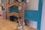 Vintage West Germany Standing Metal Crucifix Altar Table Cross Mid Century INRI