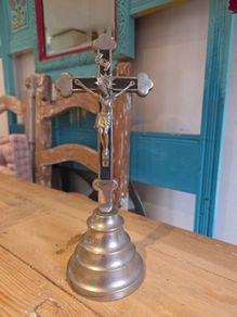 Vintage West Germany Standing Metal Crucifix Altar Table Cross Mid Century INRI