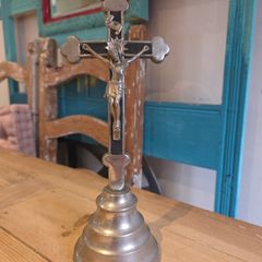 Vintage West Germany Standing Metal Crucifix Altar Table Cross Mid Century INRI
