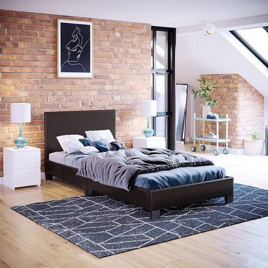 Lisbon Single Bed, 3ft Bed Frame Upholstered UKFR Faux Leather Headboard Low Foot End Bedroom Furniture, Brown
