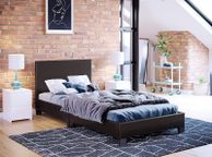 main image for ad Lisbon Single Bed, 3ft Bed Frame Upholstered UKFR Faux Leather Headboard Low Foot End Bedroom Furniture, Brown