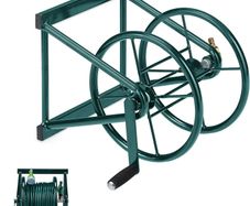 Hose Reel, Wall Mounted, for 60 m Hoses, 2 Click Connectors, H x W x D: 36 x 55 x 50 cm, Steel, Green