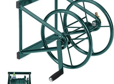 Hose Reel, Wall Mounted, for 60 m Hoses, 2 Click Connectors, H x W x D: 36 x 55 x 50 cm, Steel, Green