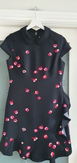 Kate Spade black falling floral ruffle detail dress with pink/red petals Sz 4 (Fit 10 UK) - Rrp 398 Dollars