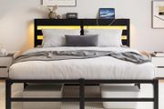 5ft King Bed Frame with Charging Station and LED Lights, Heavy Duty Metal Platform King 150x200 cm Bed Frame with Wood Storage Headboard, No Box Spring Needed, Noise Free, Black