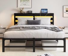 5ft King Bed Frame with Charging Station and LED Lights, Heavy Duty Metal Platform King 150x200 cm Bed Frame with Wood Storage Headboard, No Box Spring Needed, Noise Free, Black