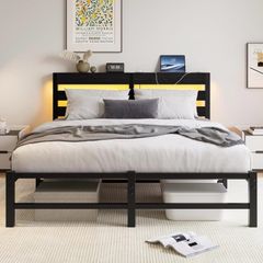 5ft King Bed Frame with Charging Station and LED Lights, Heavy Duty Metal Platform King 150x200 cm Bed Frame with Wood Storage Headboard, No Box Spring Needed, Noise Free, Black