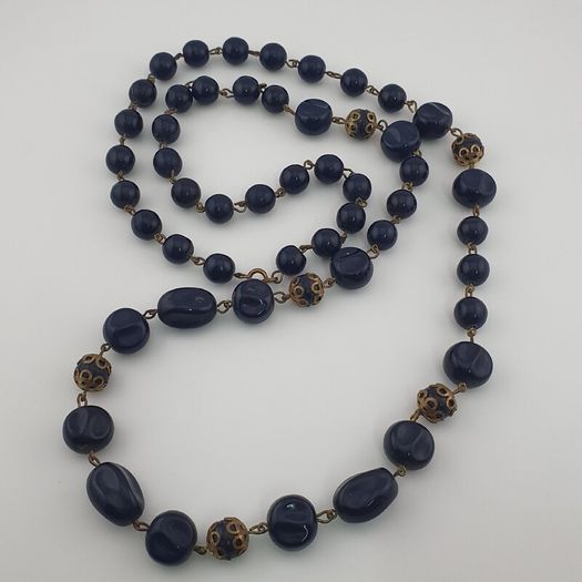 Antique African Style Cobalt Blue Glass & Brass Beads Long Necklace