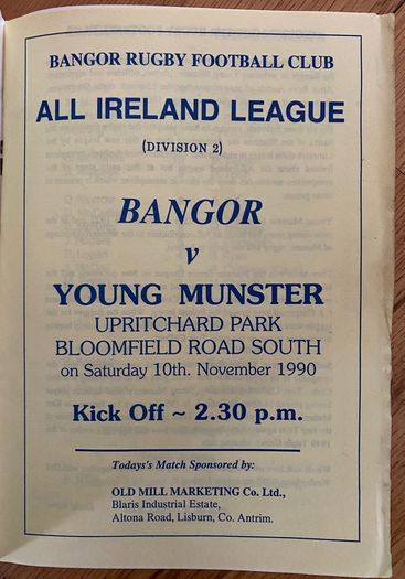 1990 Bangor v Young Munster - All Ireland League Rugby Programme