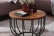 Rustic Solid Wood Coffee Table with Metal Base 60cm Round