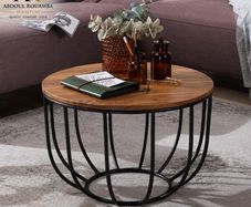 Rustic Solid Wood Coffee Table with Metal Base 60cm Round