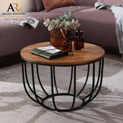 Rustic Solid Wood Coffee Table with Metal Base 60cm Round