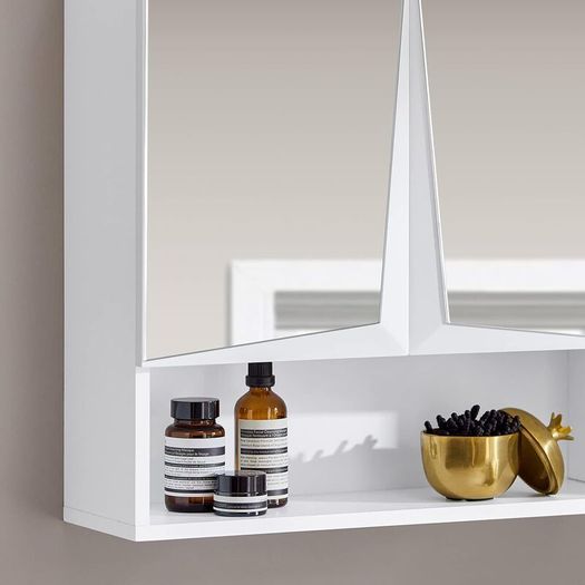 Mirror cabinet modern design  has 2 mirrored doors and an open storage compartment