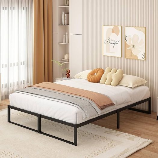Small Double Bed Frame 120x190 cm Metal Platform Bed Small Double Steel Slat Support, Easy Assembly, Noise Free, No Box Spring Needed, 36cm High, Black