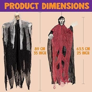 Set of Three Hanging Skeleton Ghost Halloween Decorations One 35inch 88cm Hanging Ghost Skeleton and Two 25inch 63cm Hanging Reapers